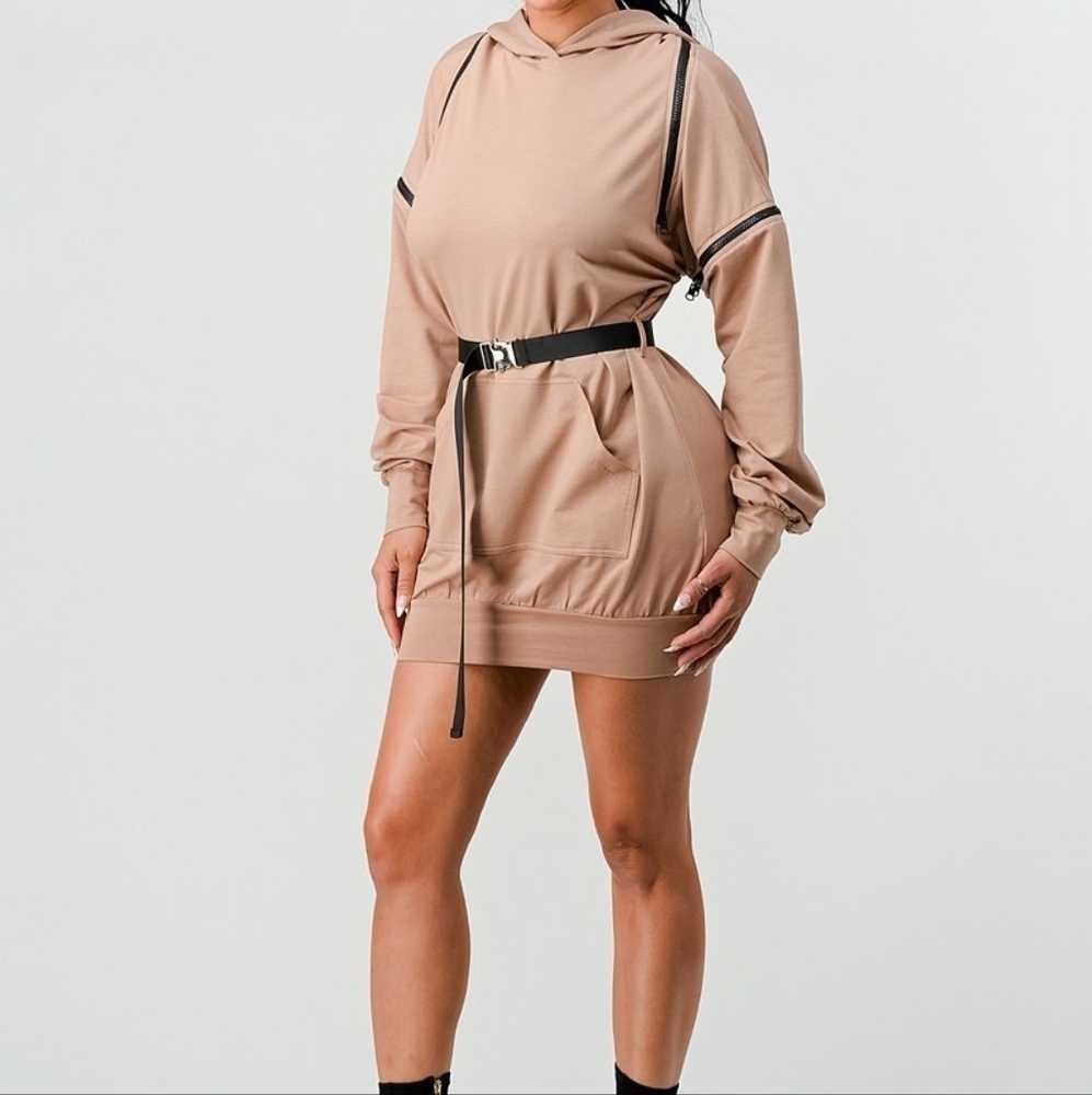 𝅺LONG Sleeve Belted Double Zipper Long Sleeve Hooded Mini Dress